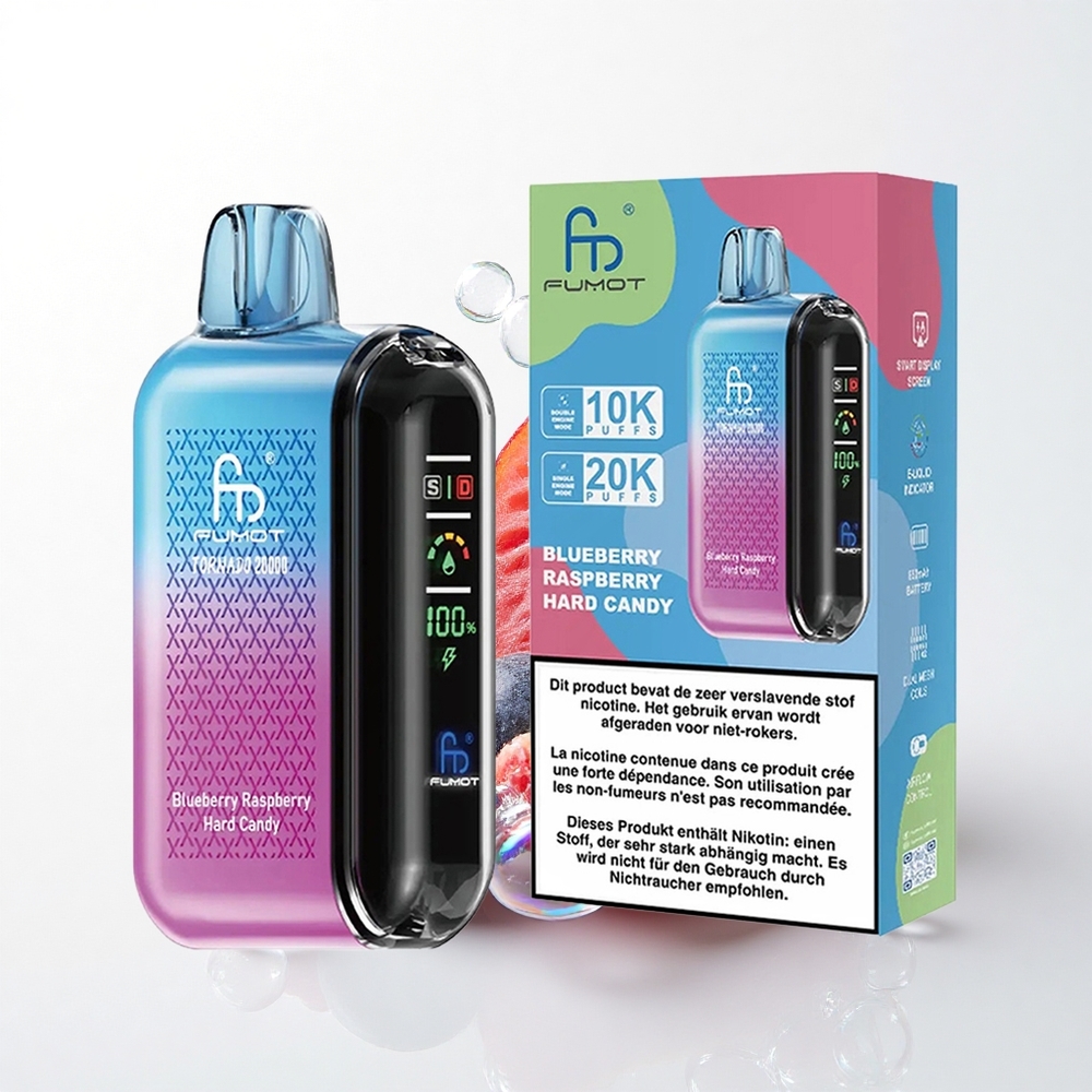 Fumot Tornado 20000 Puffs Blåbær Hindbær Hård Candy med 850mAh og 2% Nikotin